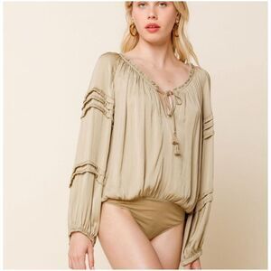Free People Beige Long Sleeve Peasant Bodysuit